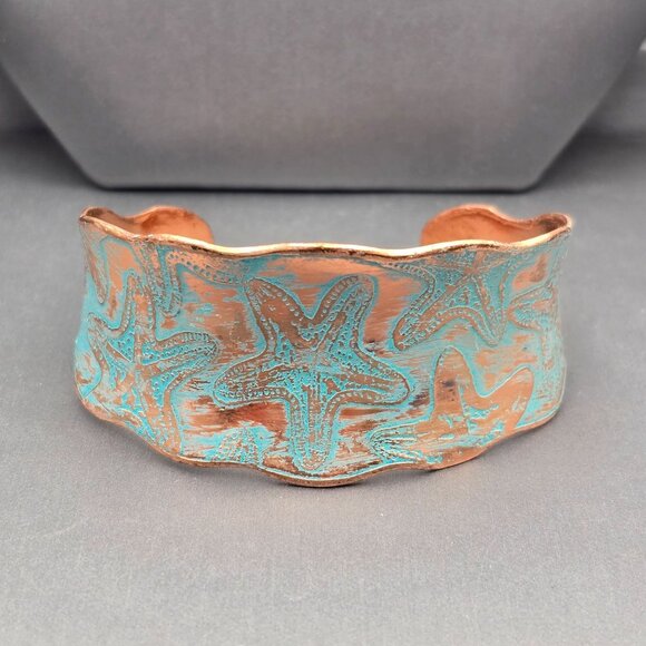 Solid Copper Starfish Cuff Bracelet 7" Turquoise Details Scalloped Edge Signed - Picture 1 of 7
